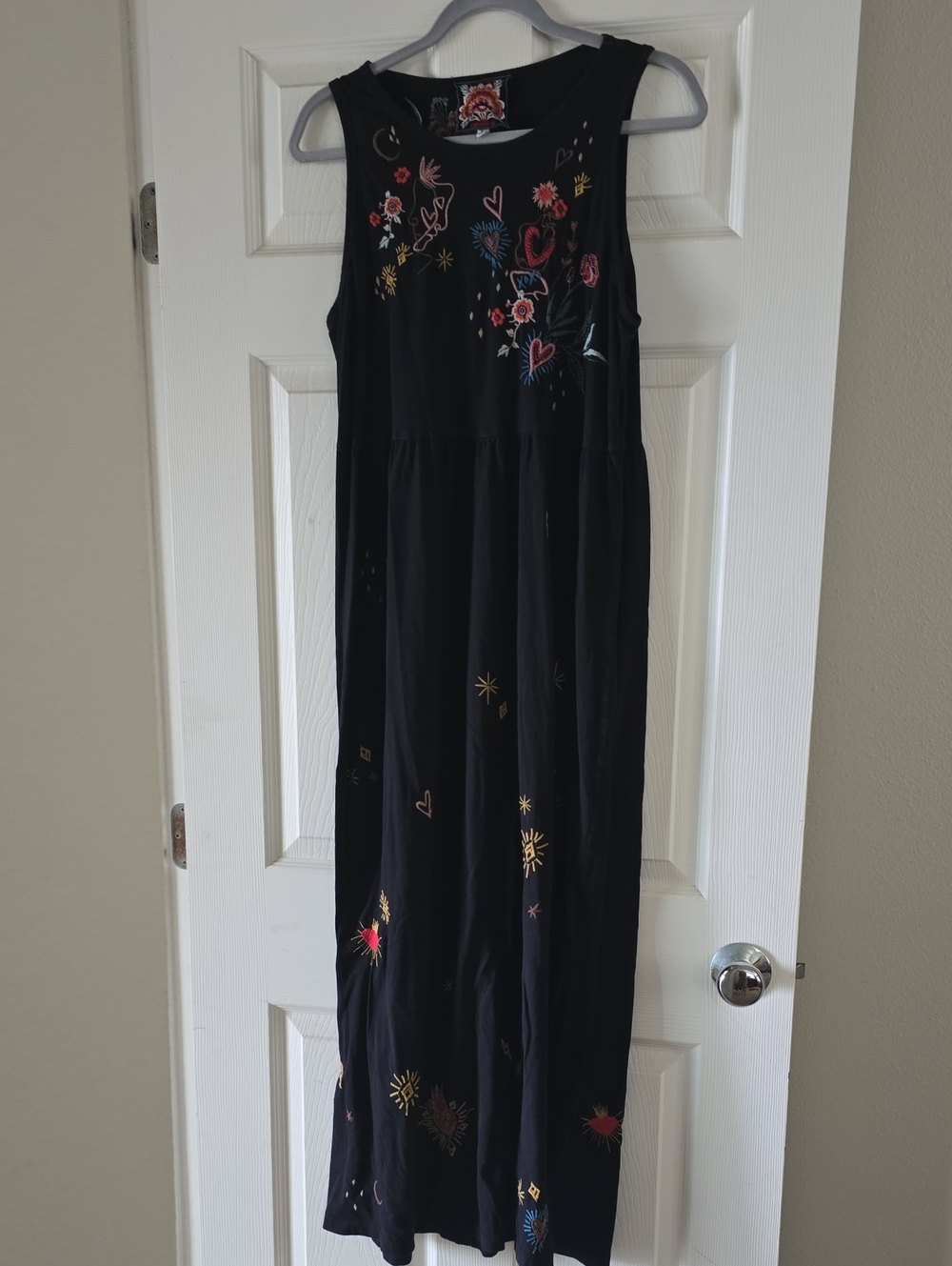 Johnny Was Black Sleeveless Maxi Dress with Multicolor Embroidery